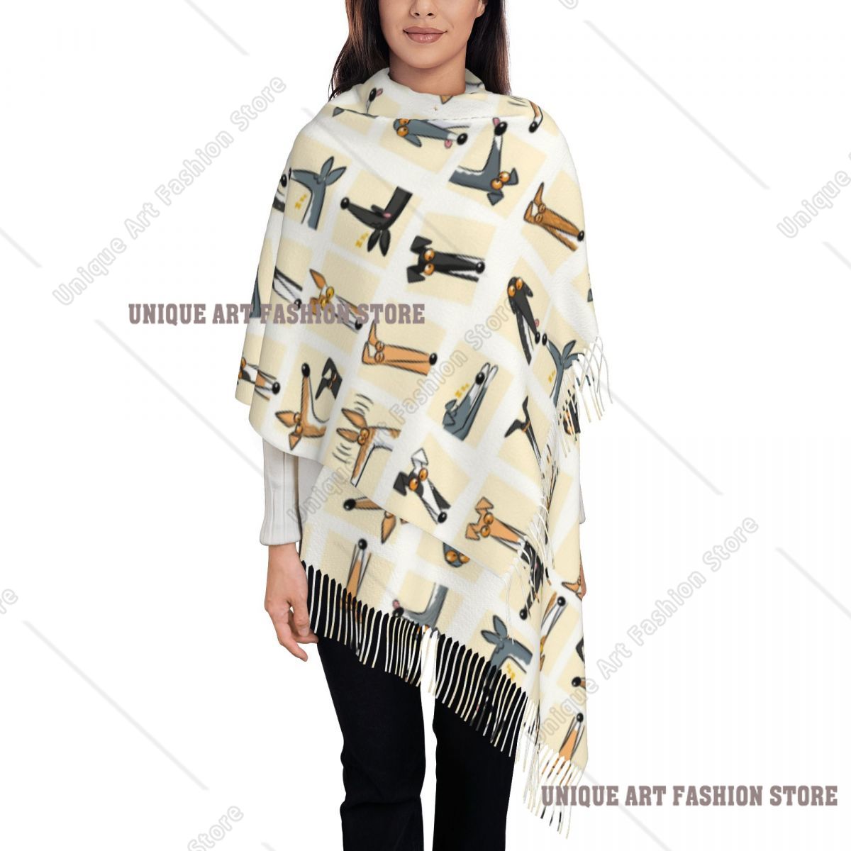 Pashmina Wrap Large - Damska chusta z frędzlami, kremowo-szara, z