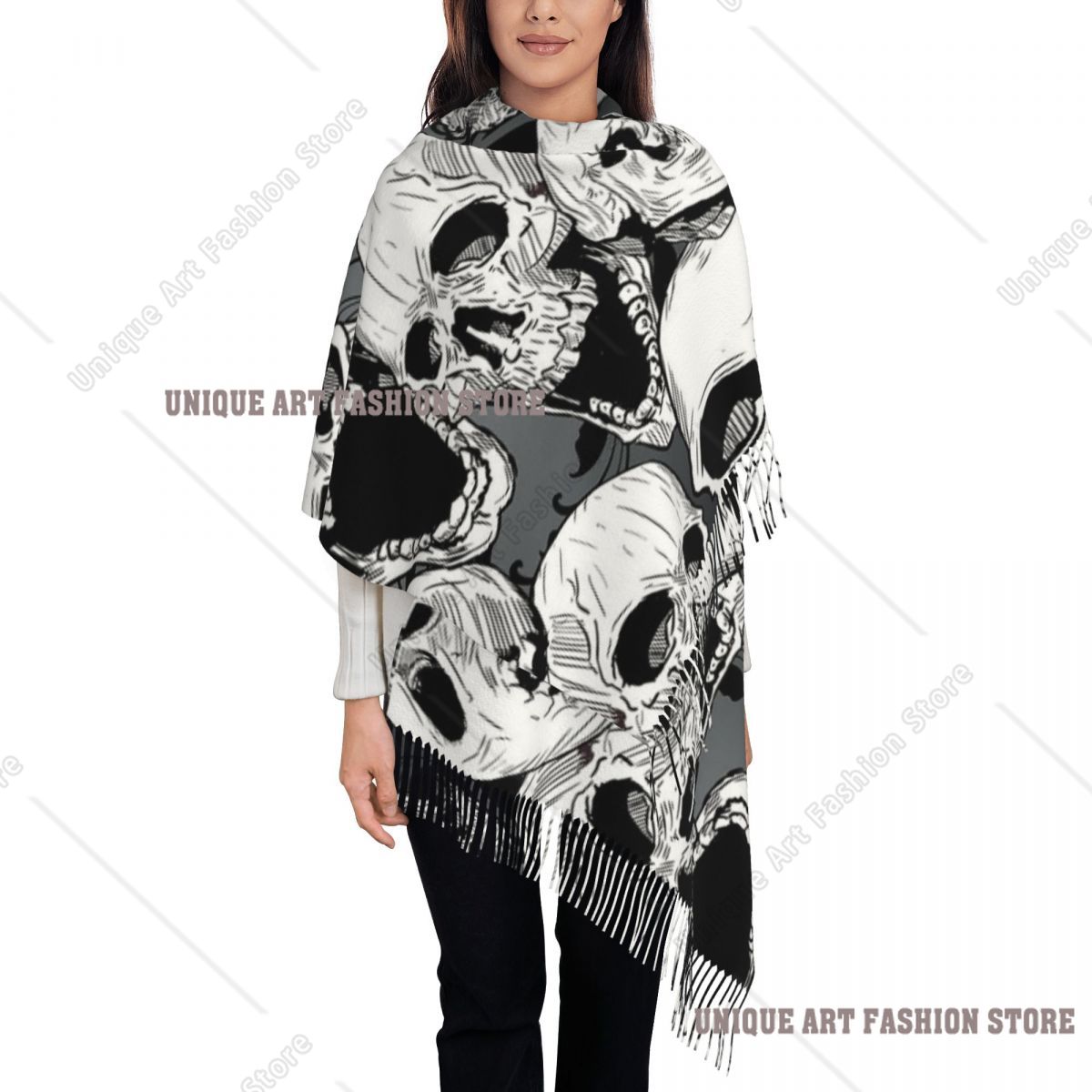 Pashmina Wrap Large - Damska chusta z frędzlami, motyw czaszki,